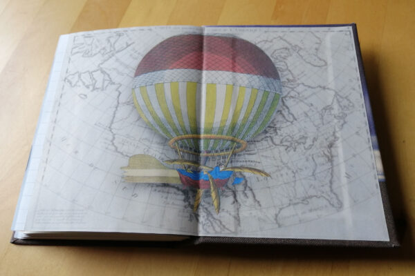 end papers showing old map and hot air balloon