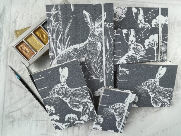 White Rabbit on Grey landscape sketchbook with handmade papers