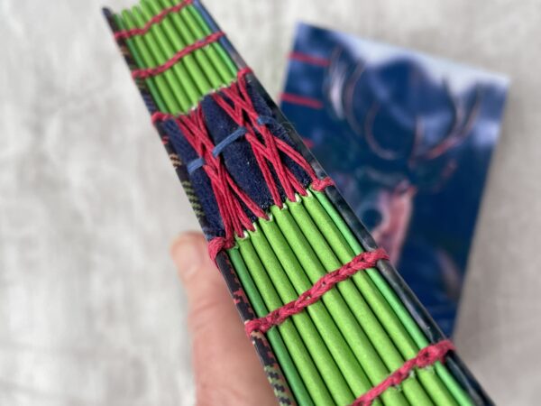 Highland Stag coptic book, green spine papers red thread