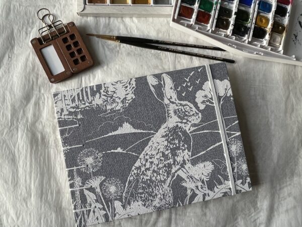 White Rabbit on Grey landscape sketchbook with handmade papers