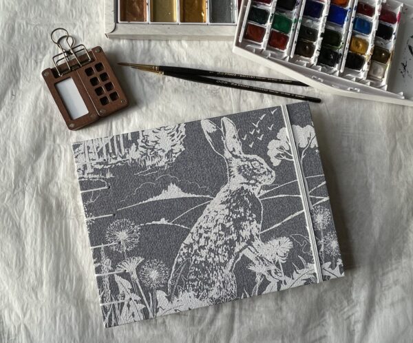 White Rabbit on Grey landscape sketchbook with handmade papers